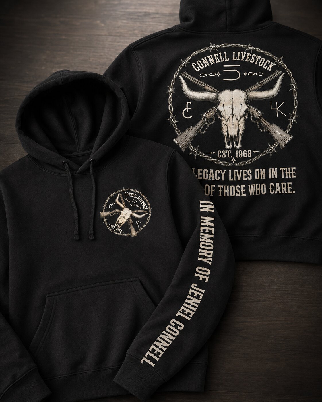 Connell Livestock memorial hoodie — longhorn skull back print and sleeve dedication on black
