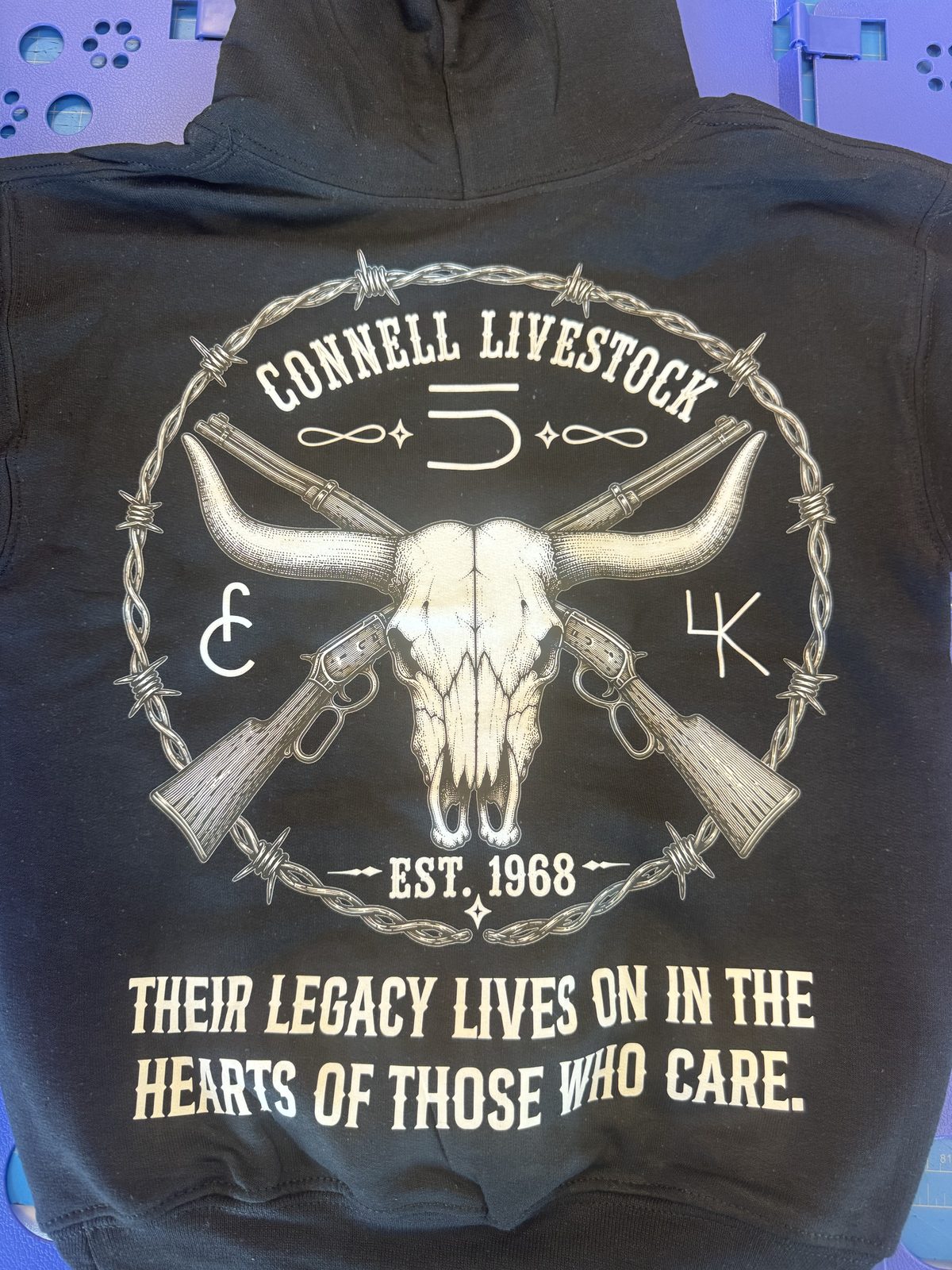 Full-color memorial hoodie back print &mdash; Connell Livestock, family-order memorial