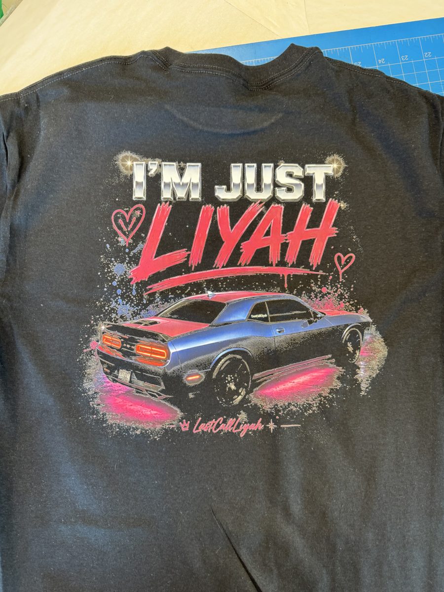 Full-color DTF print on a black tee for LastCallLiyah