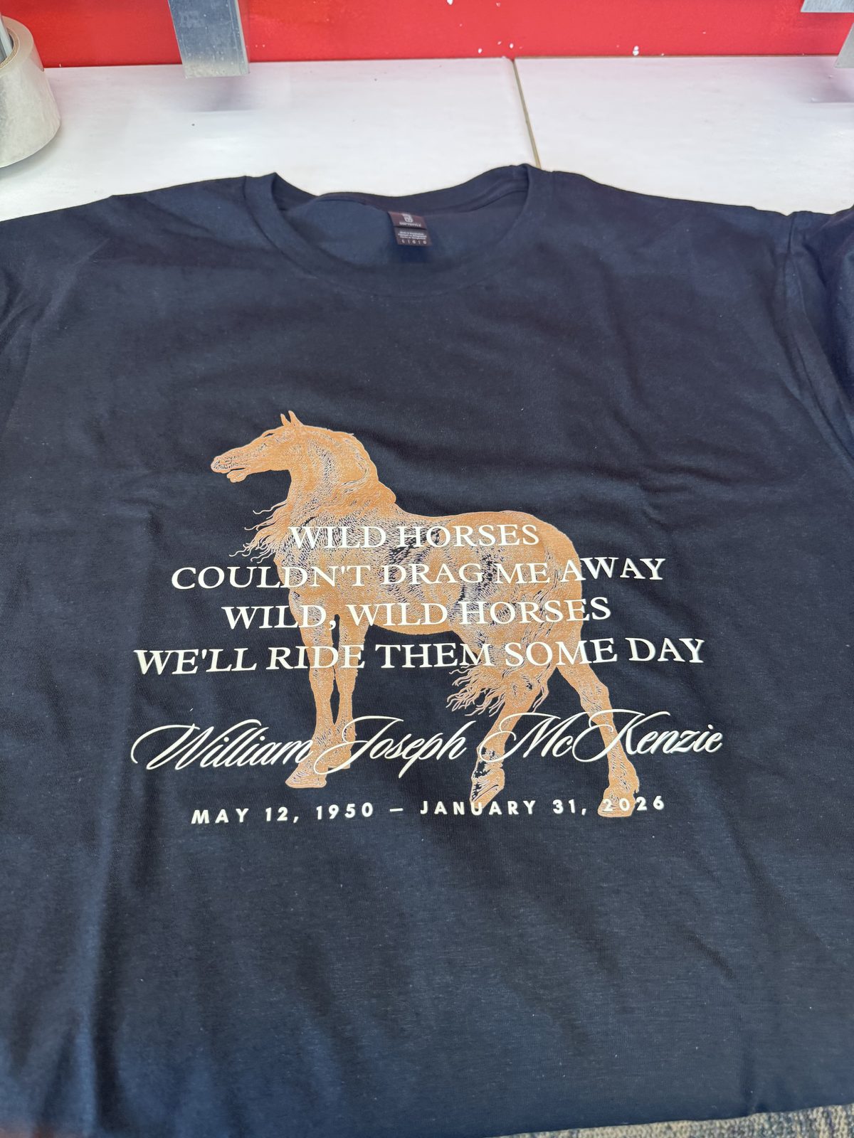 McKenzie Wild Horses funeral memorial tee &mdash; small family order