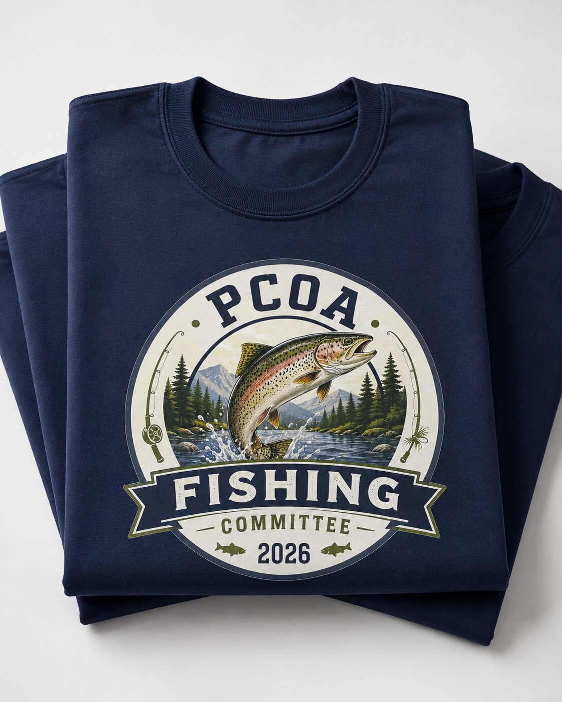 PCOA Fishing Committee 2026 tee — full-color rainbow trout leaping from a mountain river with pine trees and fishing rods, on a folded navy Softstyle tee