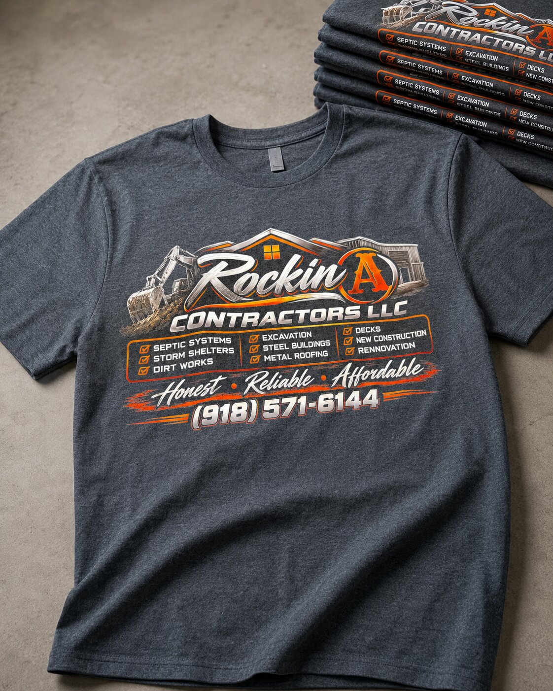 Rockin' A Contractors advertising tee — full-color front print with services list and phone number on heather charcoal