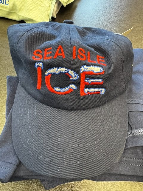 Navy snapback cap with 'SEA ISLE ICE' in red varsity-style raised chenille embroidery