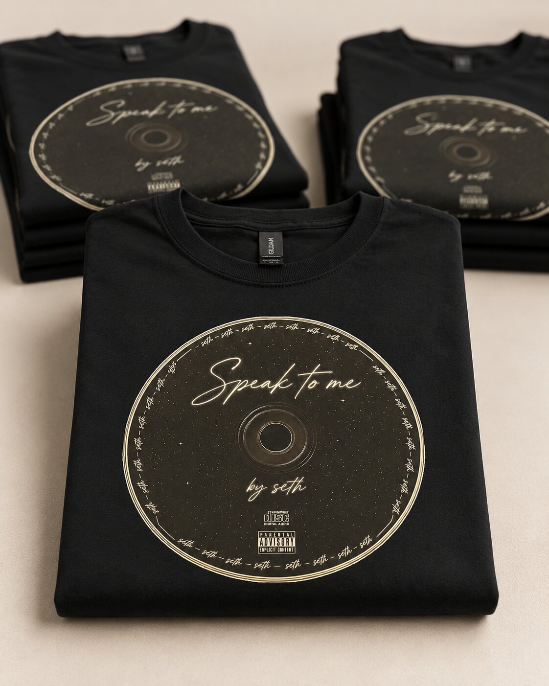 Seth 'Speak to Me' album drop tee — CD-cover front print on black Gildan