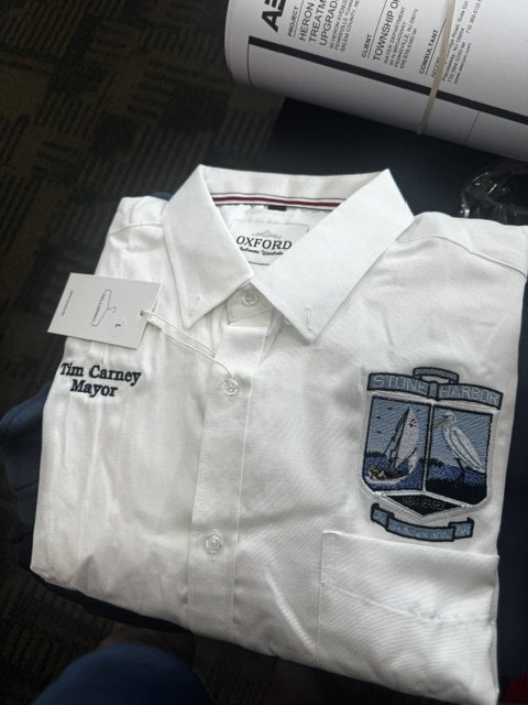 White Oxford button-down dress shirt with the Stone Harbor crest embroidered on the chest pocket and 'Tim Carney, Mayor' personalized on the opposite chest