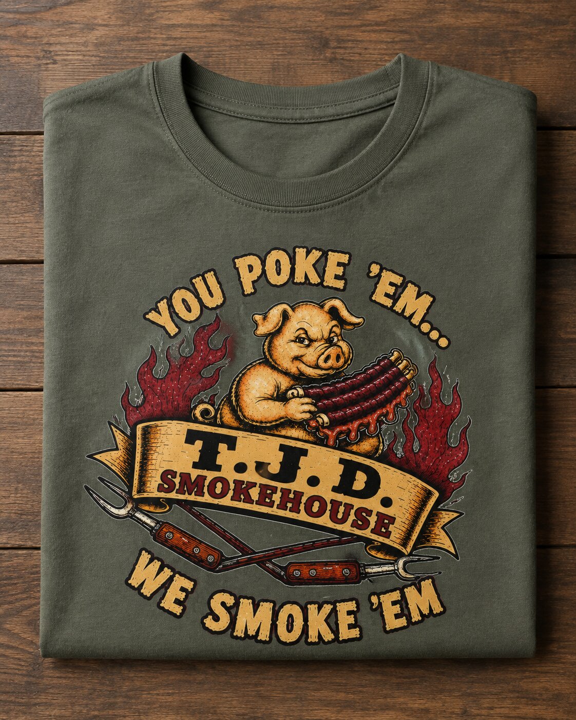 T.J.D. Smokehouse retail tee — illustrated pig with BBQ tongs on olive Comfort Colors