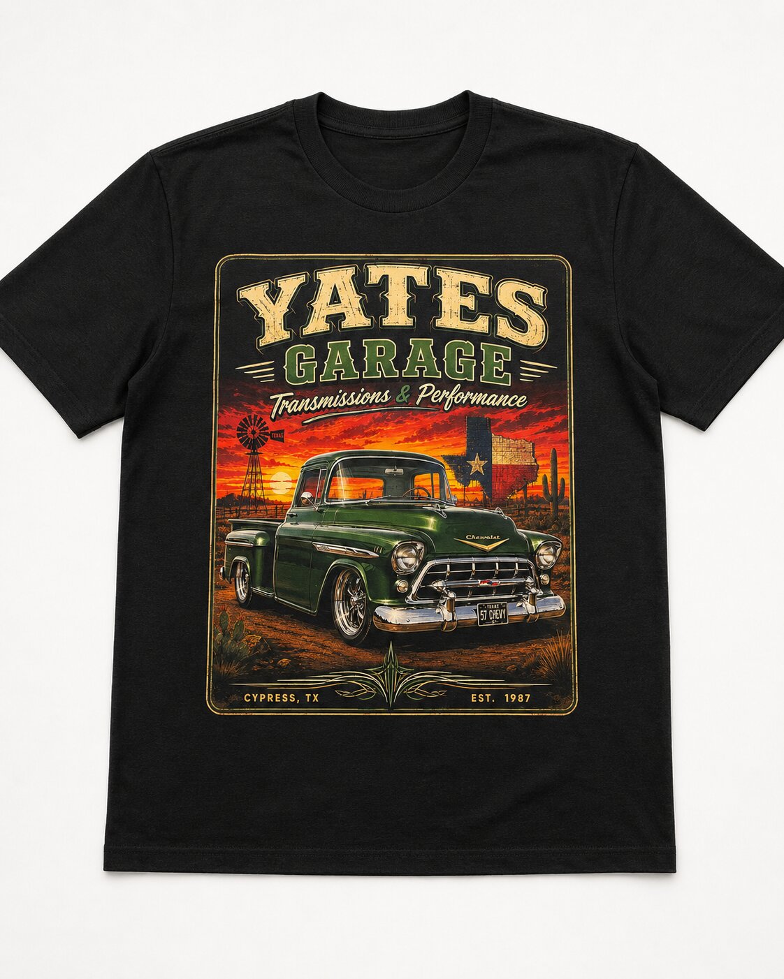Yates Garage vintage-poster tee — 1955 Chevy pickup at Texas sunset on black