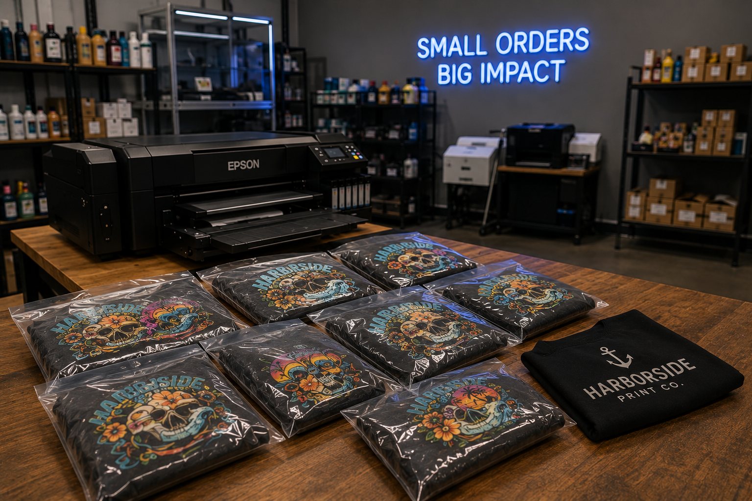 Epson DTF printer with full-color Harborside Print Co. shirts bagged and ready to ship — Small Orders, Big Impact
