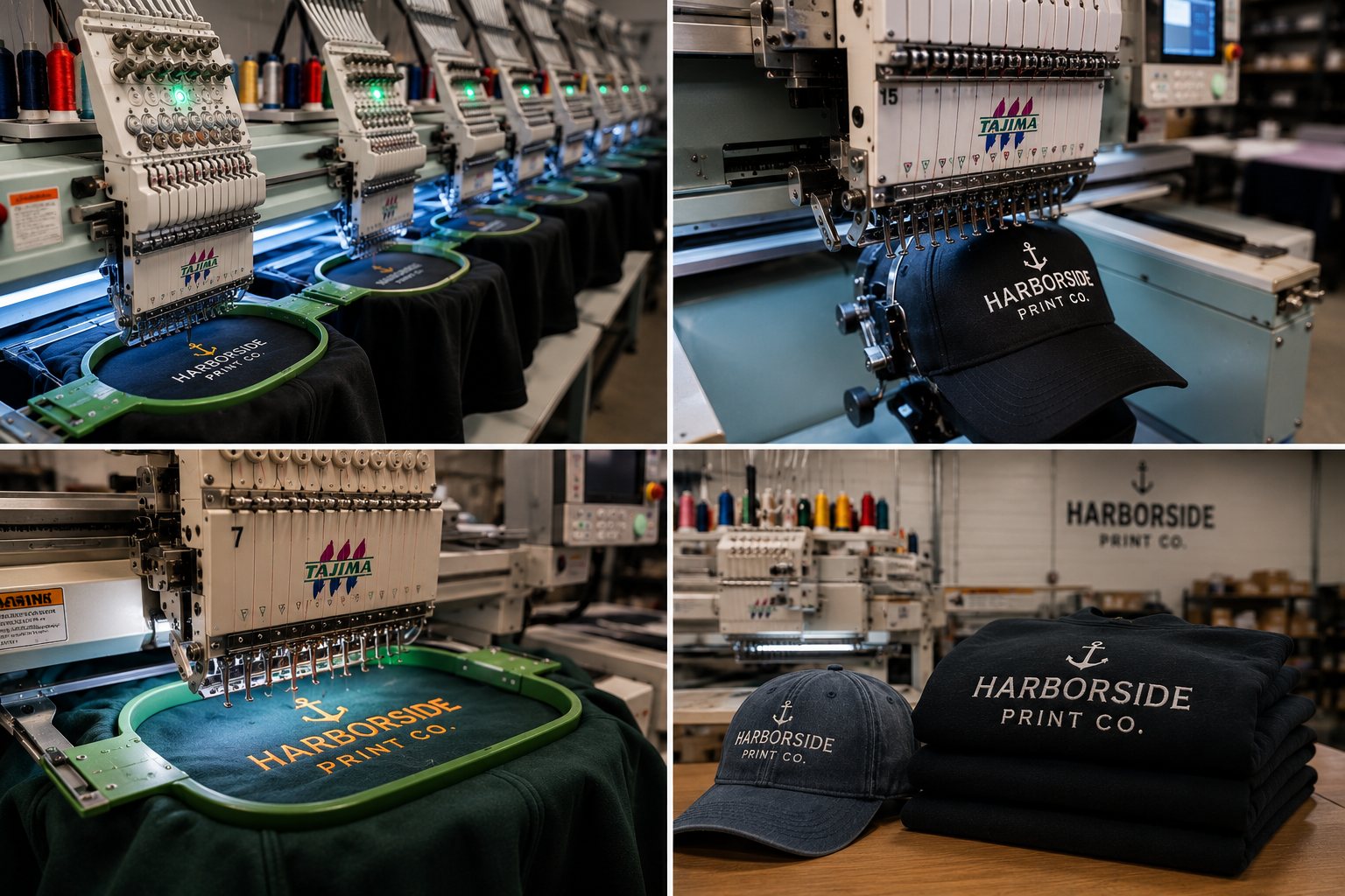 Tajima multi-head embroidery machines stitching the Harborside Print Co. logo on hats and apparel; finished embroidered hat and folded shirts on the bench