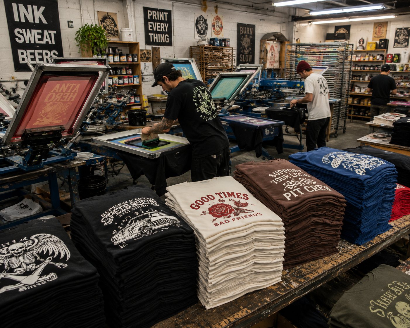 Multi-station manual screen printing press pulling a print, with stacks of finished printed tees in red, brown, navy, white and black in the foreground