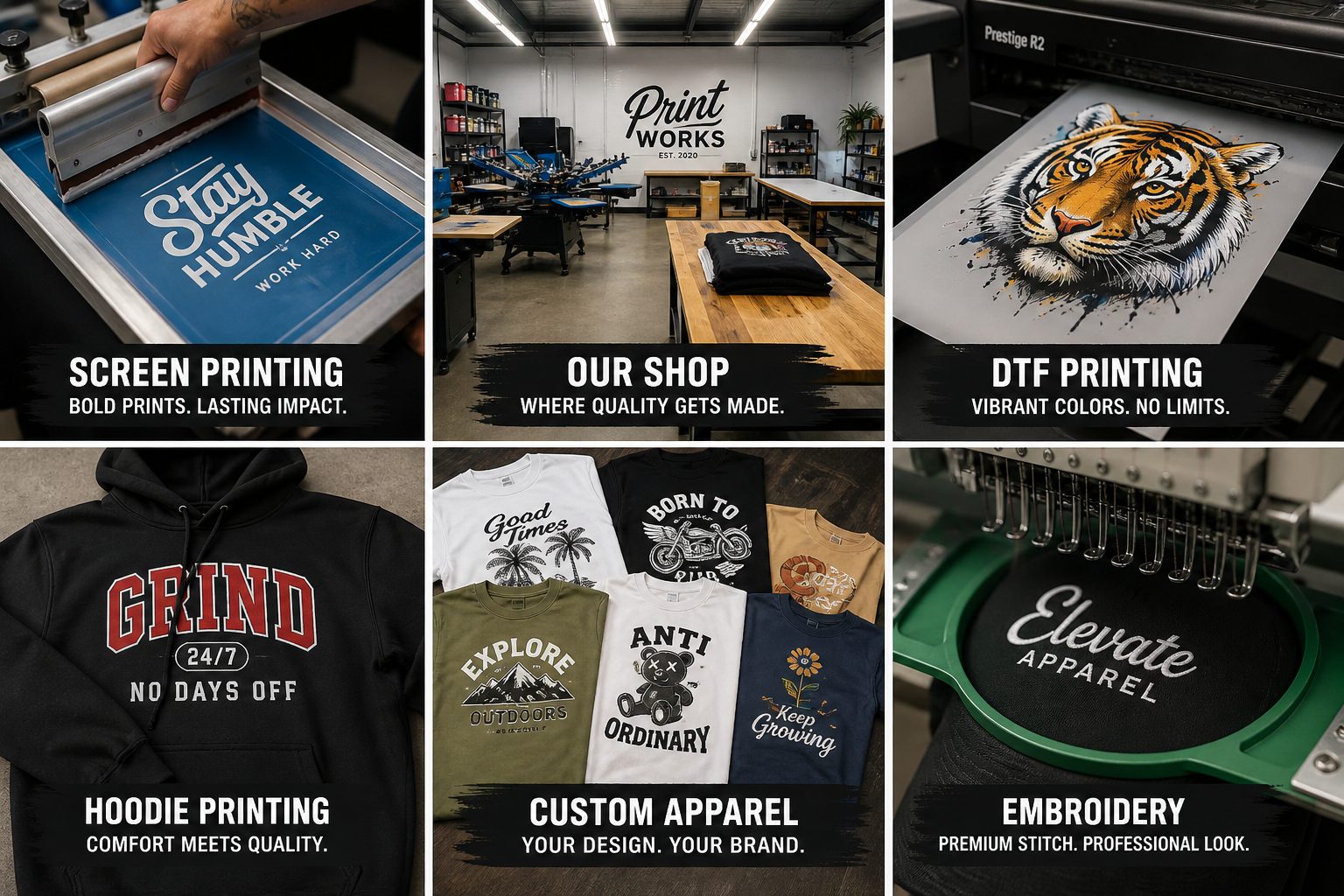 Six views of the Harborside shop: a screen being pulled, the shop floor with its press line, a full-colour DTF tiger print coming off the Prestige R2, an embroidered hoodie, a spread of finished printed tees, and a logo being stitched on a cap