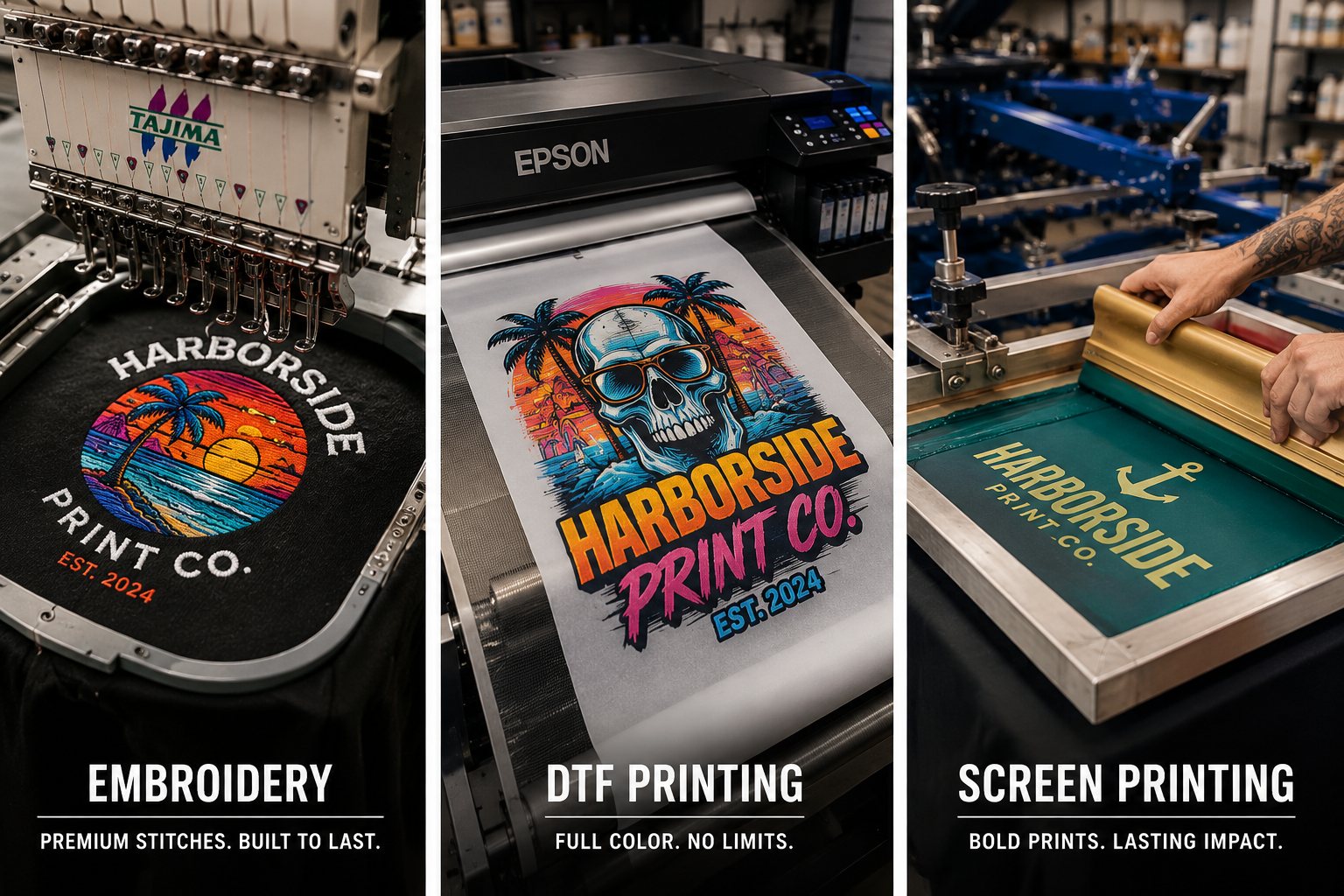 Three Harborside Print Co. decoration methods in action — embroidery on the left, DTF printing in the middle, screen printing on the right
