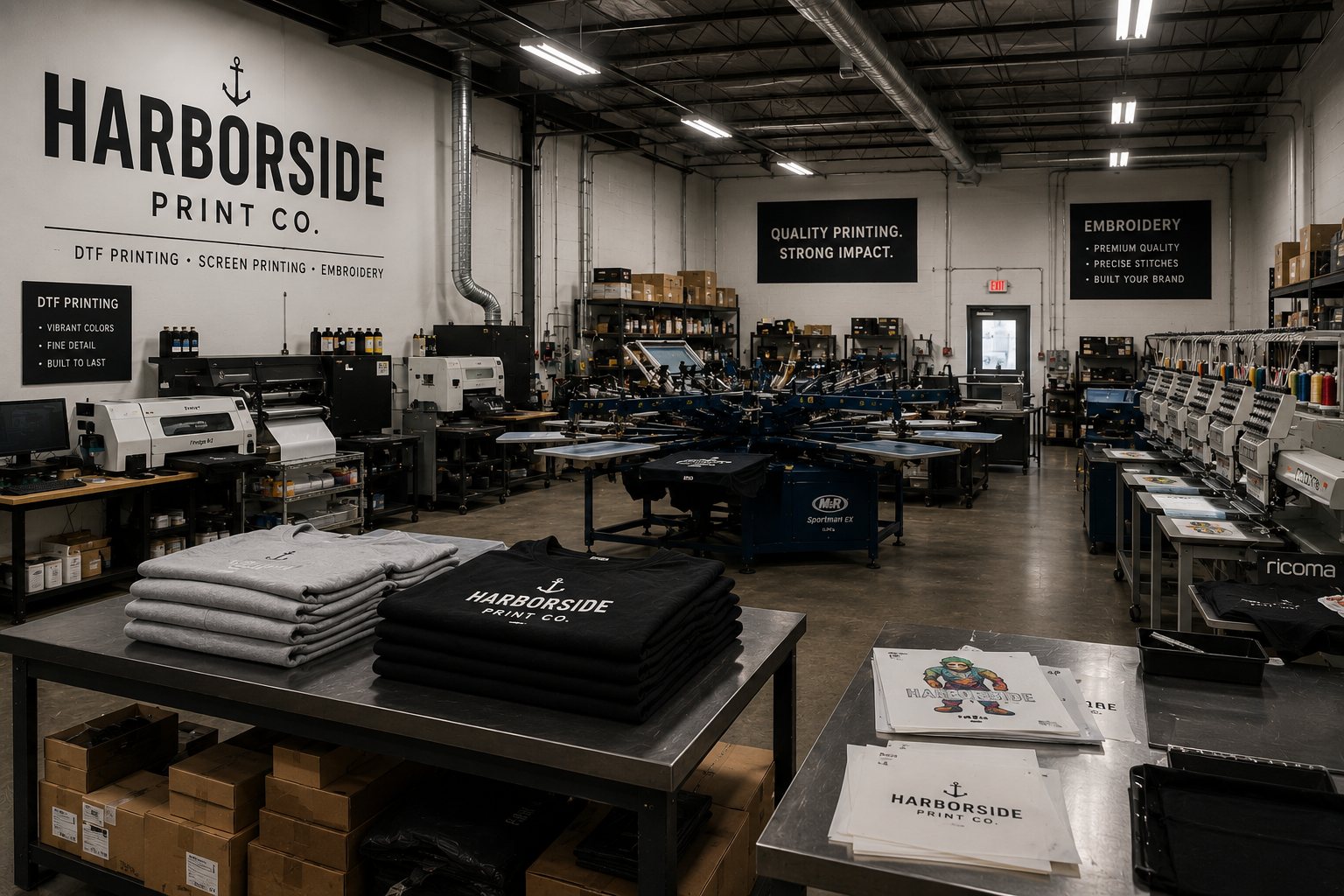 Inside Harborside Print Co. — DTF, screen printing, and embroidery machines with the Harborside Print Co. branded wall and stacks of finished tees